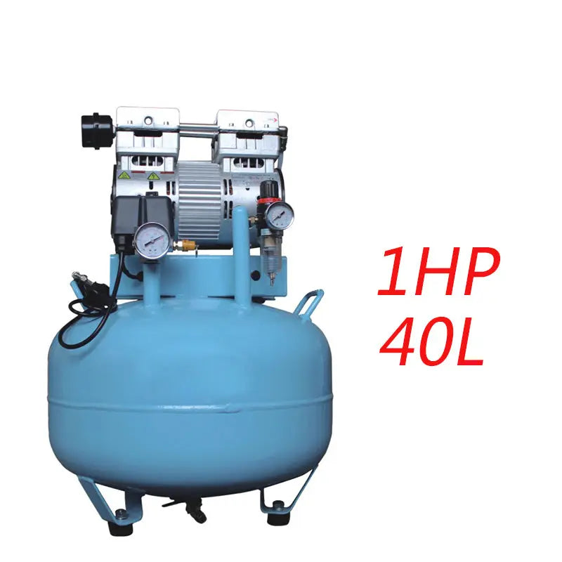 Dental Noiseless Oil Free Oilless Air Compressor 40L 780W 150L/min for 1PC Dental Chair: Light blue air compressor with 40L tank, pressure gauges, and dual pistons. Features "1HP 40L" text in red, indicating power and capacity. Compact design suitable for dental offices.