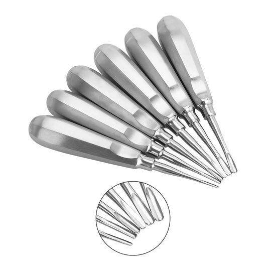 Dental Elevator Minimally Invasive Dental Tools 12pcs/pack: Set of stainless steel dental elevators with various sizes and shapes, featuring long handles and sharp tips for precise dental procedures. Close-up view of tool tips included.