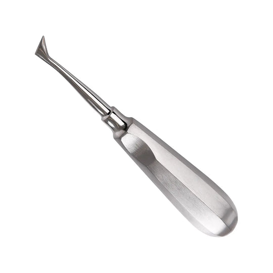 Dental Elevator Minimally Invasive Dental Tools 12pcs/pack: Close-up of a single stainless steel dental elevator tool with a slender handle and angled tip, designed for precise gum separation and periodontal procedures in dentistry.