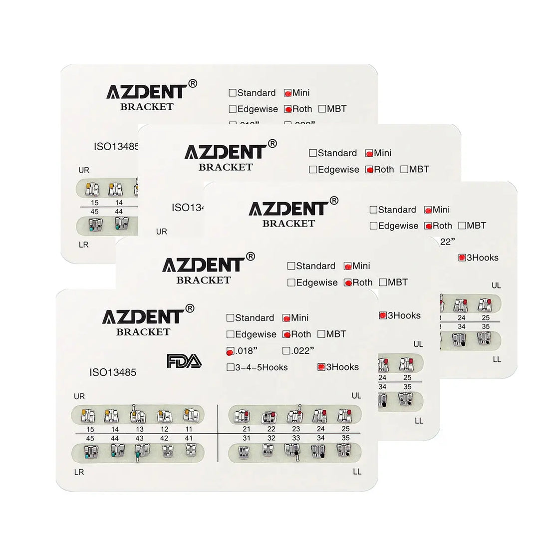 Dental Metal Brackets Mini Roth Slot .018 Hooks on 3 20pcs/pack - AZDENT orthodontic bracket packages displayed, showing product details, specifications, and tooth position diagrams for precise dental appliance placement and installation.