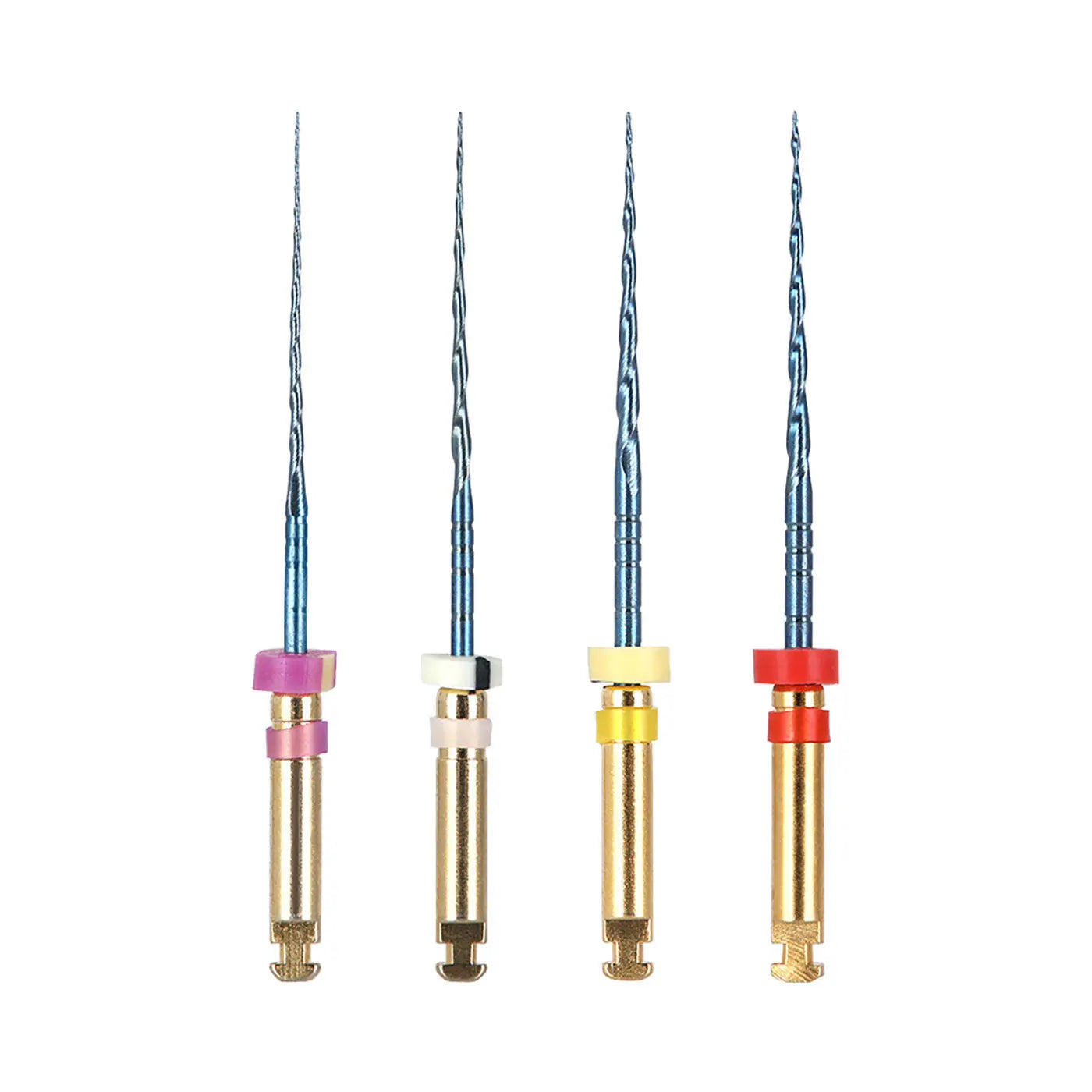 Dental NITI Rotary Engine Files S Cross Section Heat Activated 25mm 4pcs/pk - Four different-sized dental files with colorful handles and spiral-shaped metal tips for efficient root canal preparation and dentine removal