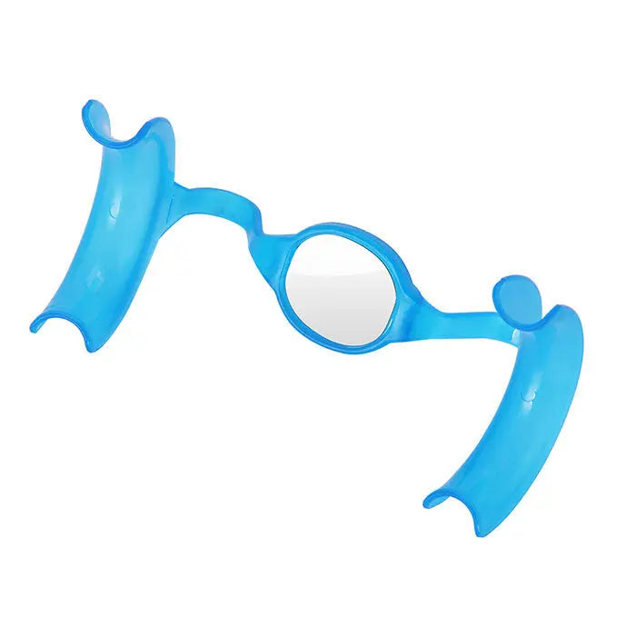 Dental Cheek Retractor Mouth Opener M Type with Mirror, blue plastic device with curved ends and integrated circular mirror, designed for teeth whitening and providing wider view of mouth, part of 10-piece set