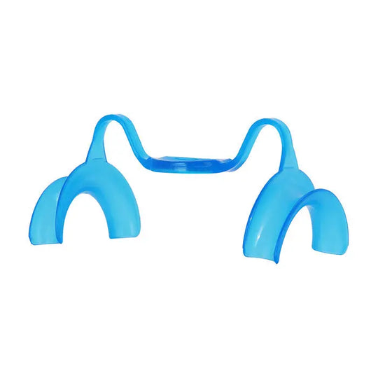 Dental Cheek Retractor Mouth Opener M Type with Mirror 10pcs/set, blue plastic device with curved ends for holding mouth open during dental procedures, teeth whitening, or oral examinations, providing wider view of mouth