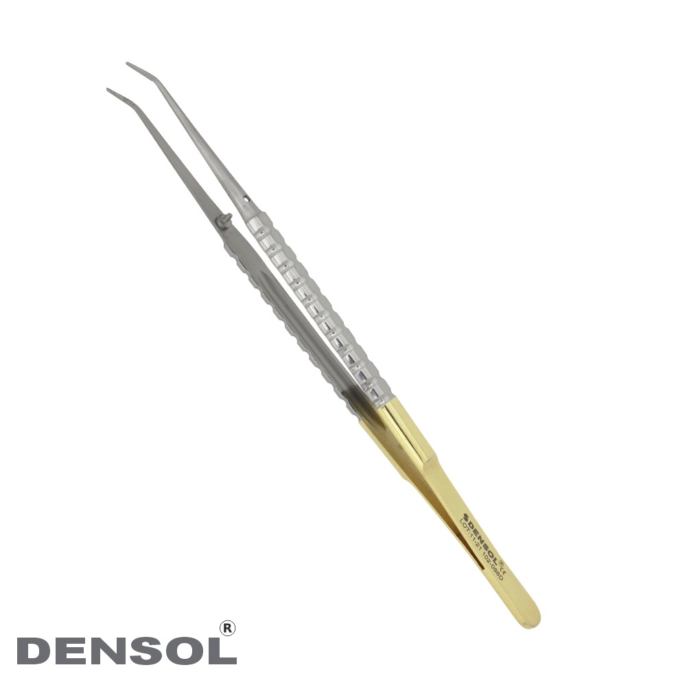 [102-098d] Pinzas quirúrgicas curvas de 18 cm con punta fina y recubrimiento de diamante.