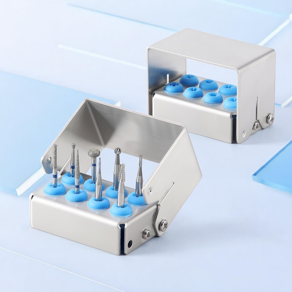 [107001023] Dental Burs Holder Block Disinfection Box Stainless Steel 8 Holes (Burs Disinfection Holder / 1 Pc)