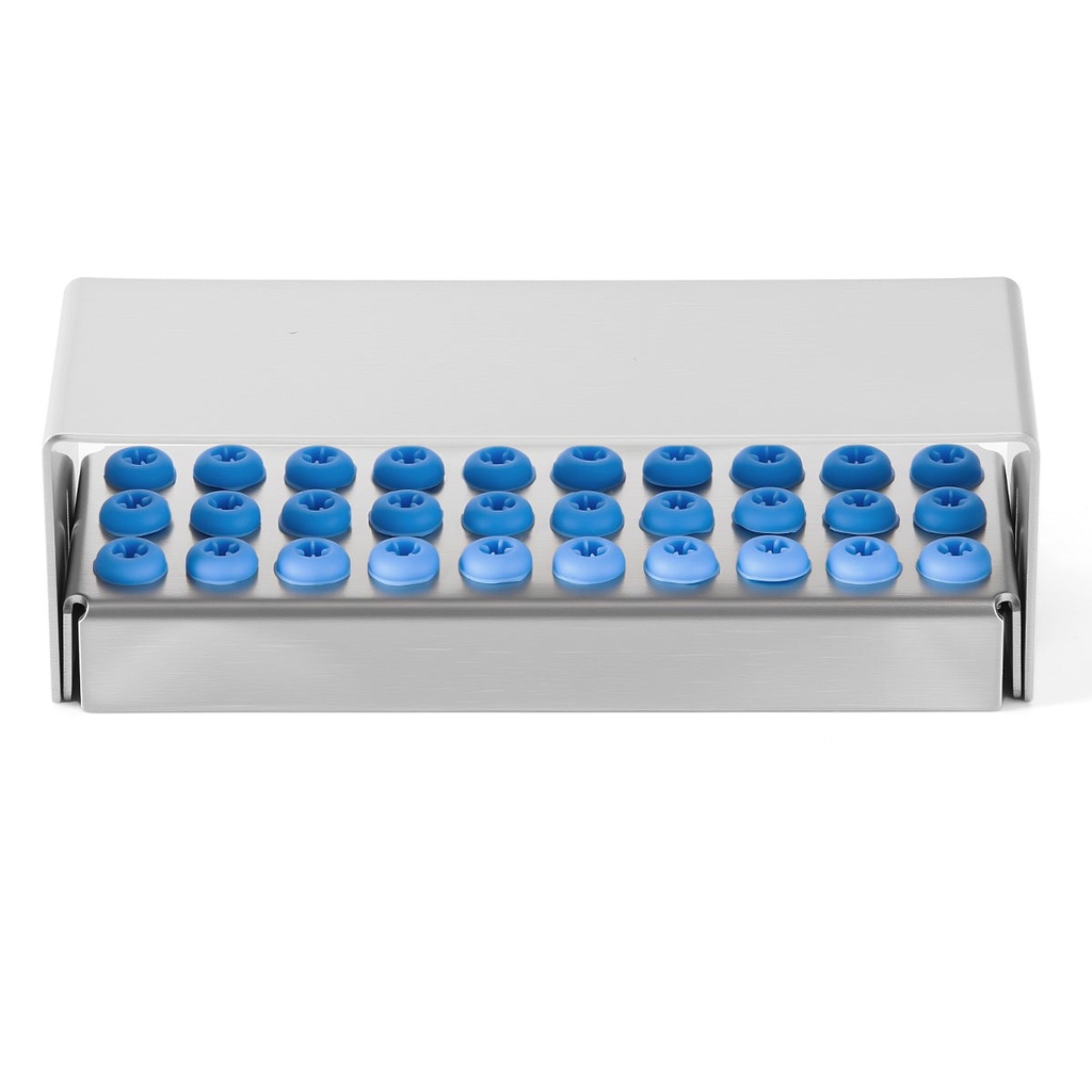 [107001024] حامل مثاقب الأسنان، صندوق تعقيم من الفولاذ المقاوم للصدأ، 30 فتحة (Burs Disinfection Holder / 1 Pc)