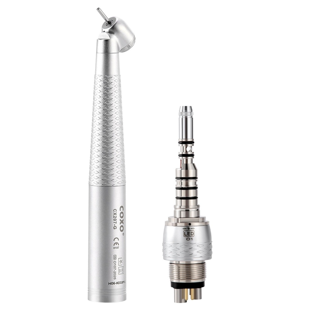 [26701004] COXO Dental Standard 45 Degree High Speed Air Turbine Handpiece Fiber Optic H06-KD1SPQ & 6 Holes LED Quick Coupler CX229-GK (45° High Speed Handpiece + 6 Holes Quick Coupler / 1 Pc)