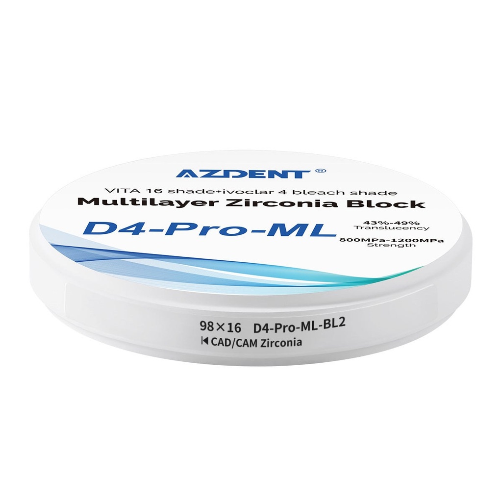 Dental D4-Pro-ML Multilayer Zirconia Block VITA 16 Shade&Ivoclar 4 Bleach Shade (98*10mm / A1)
