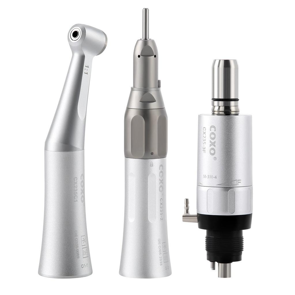 COXO Dental 1:1 Low Speed Handpiece Contra Angle Straight Handpiece Air Motor 4 Holes External (#C1-1 Contra Angle / 1 Pc)