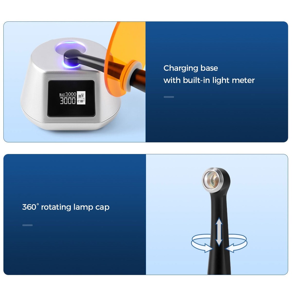 Dental Curing Light 1 Sec Curing 360° Rotary Wide Spectrum 7 Modes 10W Blue Light LED 385nm-515nm 3100mW/cm² (1 Pc)