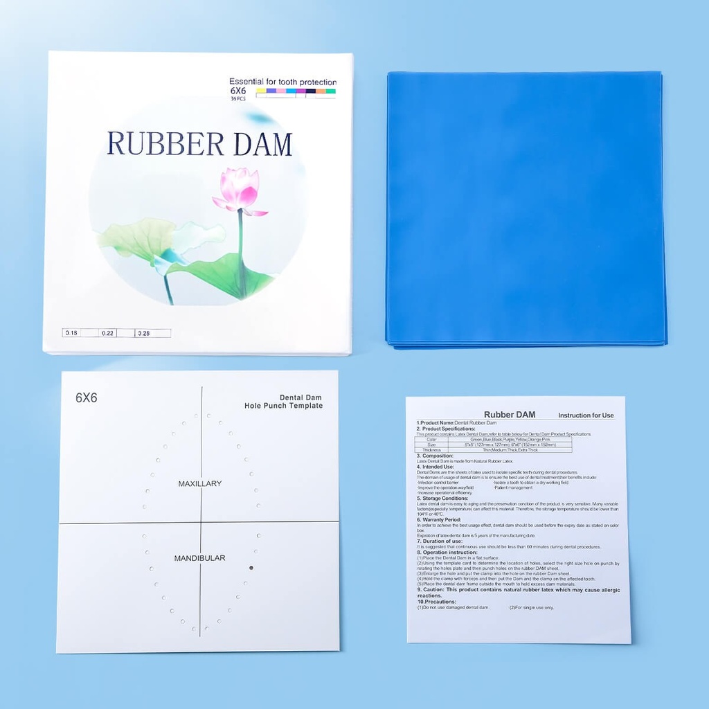 Dental Rubber Dams Natural Latex with Punch Hole Position Board 6"x6" 36pcs/Box (Heavy 0.22mm / Blue / 1 Box)