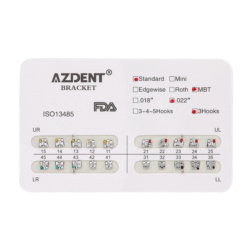 Dental Metal Brackets Standard MBT Slot .022 Hooks on 3 20pcs/Pack (MBT .022 / Hooks 3 / 10 Packs(200pcs))