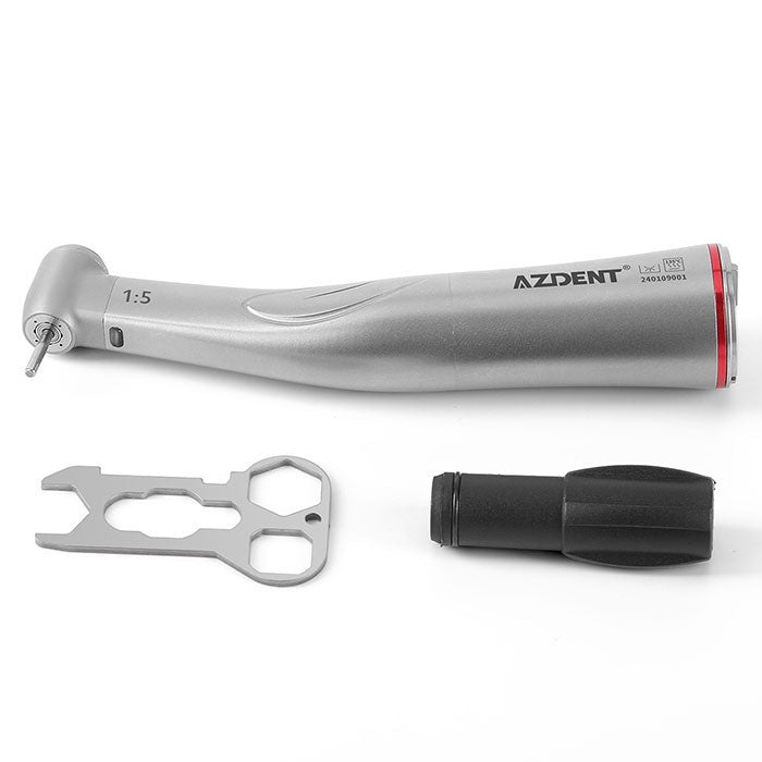Dental 1:5 Increasing Fiber Optic Electric Contra Angle Handpiece Stainless Steel Body Ceramic Bearing Internal Four Way Spray