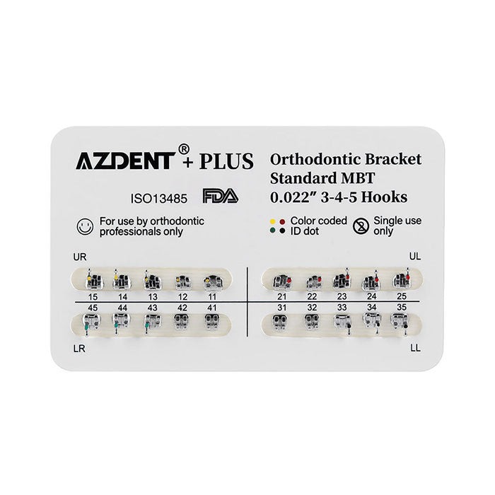 PLUS Dental Metal Brackets Braces Standard Roth/MBT .022/.018 Hooks 3/3-4-5 20pcs/Pack (MBT .018 / Hooks 3-4-5 / 10 Packs)