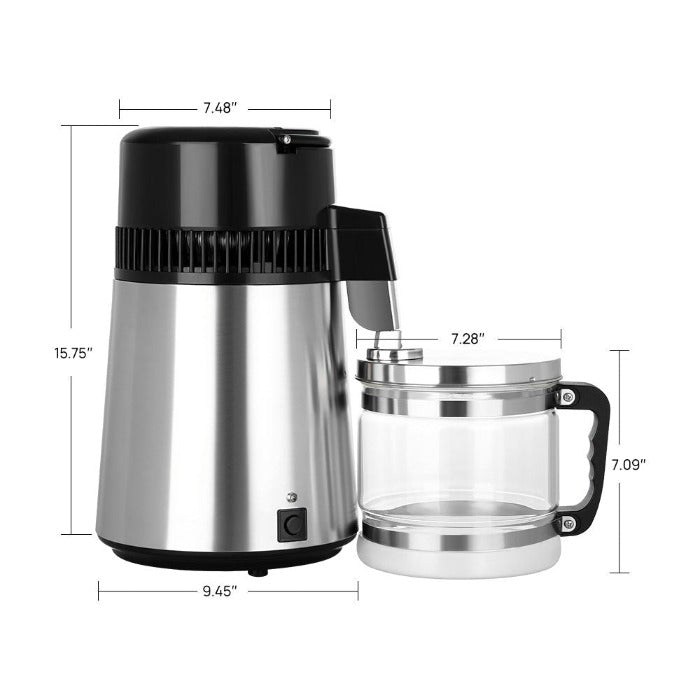 Destilador de agua de acero inoxidable con cubeta de vidrio y un solo botón con interruptor de encendido/apagado, 4 litros. (1 Set)