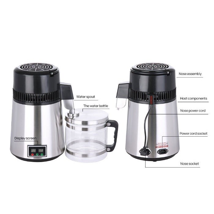 Water Distiller Stainless Steel Glass Bucket Double Screen Button with Adjustable Temperature 4L (1 Set)