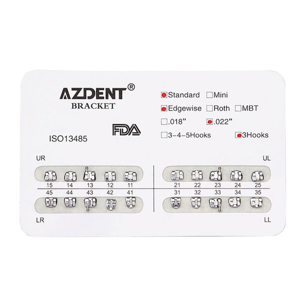 Dental Metal Brackets Standard Edgewise Slot .022 Hooks on 3 20pcs/Pack (Edgewise .022 / Hooks 3 / 10 Packs(200pcs))